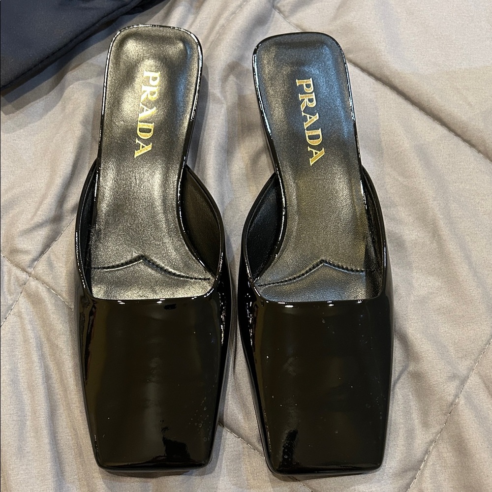 Prada Glossy Black Square Toe Mules